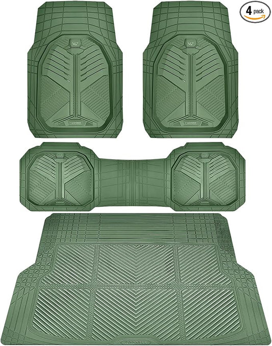 CAR PASS Heavy Duty Rubber Car Mats with Cargo Liner, Deep-Dish Car Floor Mats and Trunk Mat All Weather, Universal Trim-to-Fit for SUVs Trucks Sedans, Waterproof Anti-Slip, Trimmable V12 Olive Green