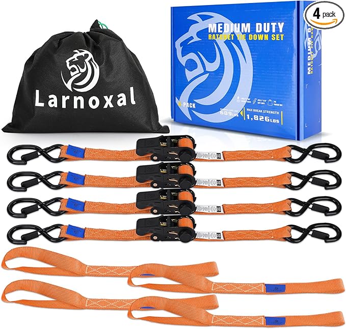 Ratchet Straps 4 Pack - 1,826 Lbs Break Strength 1 in x 15 Ft Medium Duty Ratchet Tie Down Straps with S Hooks Set for Truck, Cargo Van, Trailer, Motorcycle (Orange)