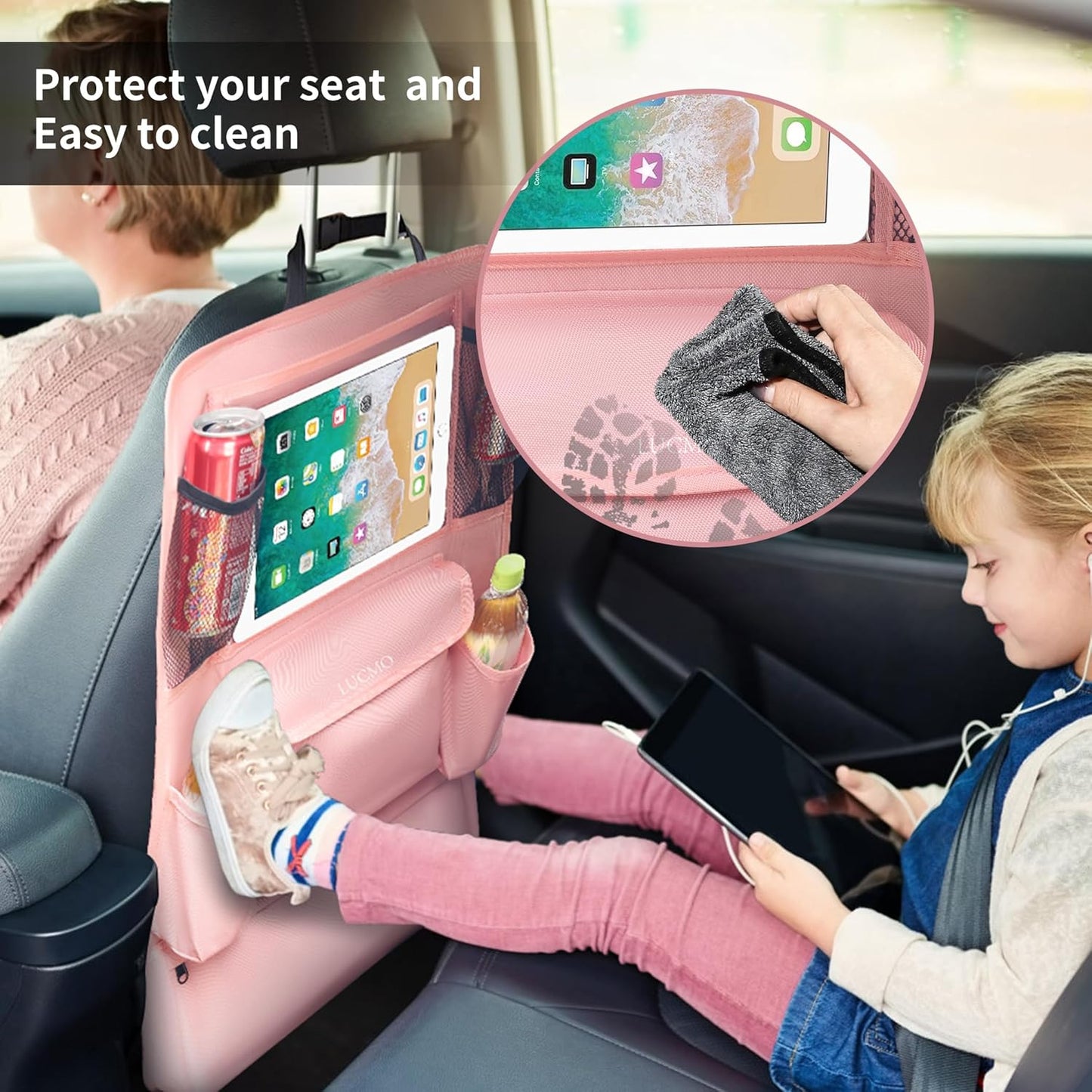LUCMO Car Backseat Organizer with Touch Screen Tablet Holder,9 Storage Pockets Car Storage Organizer,Protectors Kick Mats Travel Accessories for Kids-Pink