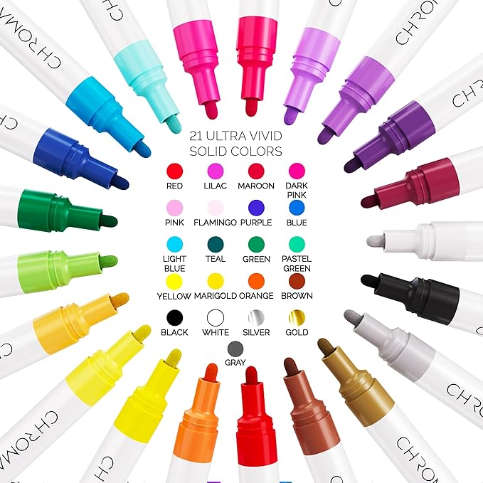 CHROMATEK Dual Tip Oil Based Paint Markers - 21 Colors Permanent Paint Pens for Rock Painting, Canvas, Glass, Wood, Stone & DIY Art Supplies - Quick Drying Waterproof Pen with Video Tutorials & Ebook