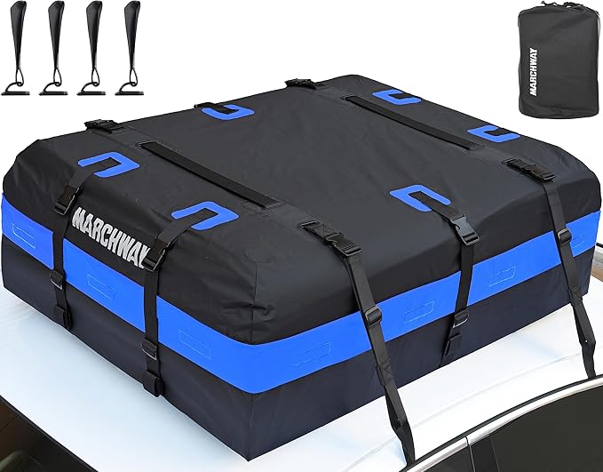 MARCHWAY Waterproof Car Roof Luggage Bag, Weatherproof Soft Shell Rooftop Cargo Carrier Bag for Vehicles with or Without Rack. 6 Door Hooks, Anti Slip Mat, Lock Included (21 Cubic Feet, Blue)