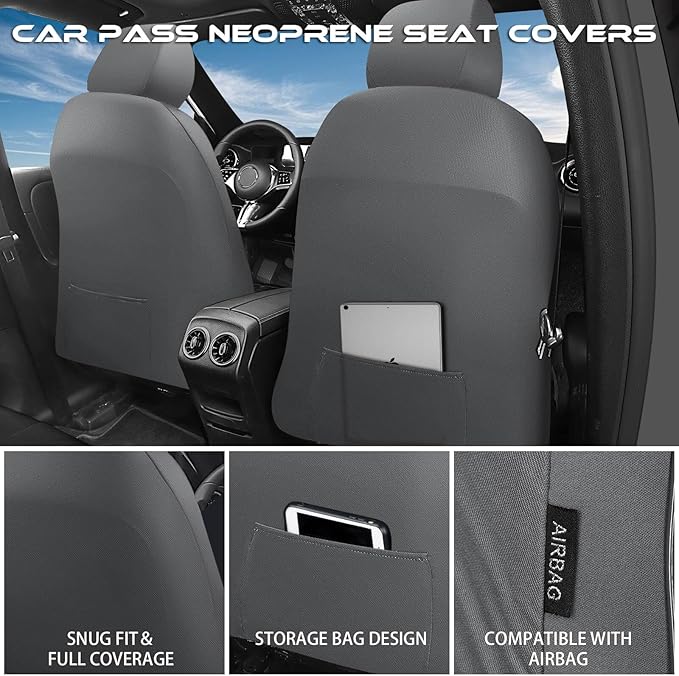 CAR PASS Waterproof Neoprene Seat Covers Full Sets, Wetsuit Car Seat Covers,All-Weather Non-Slip Durable,Universal Fit for Vans,Truck,SUV,3D Tyre Embossed Seat Covers with Airbag Compatible(All Gray)
