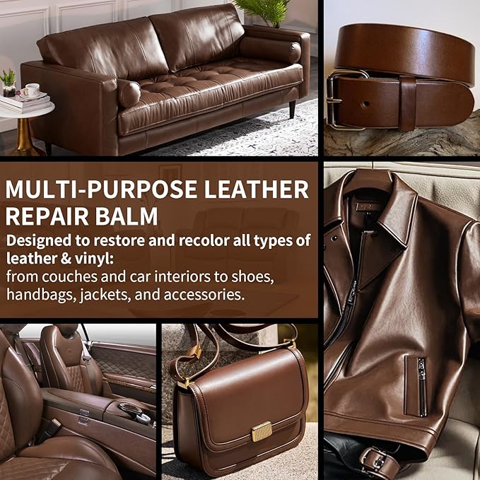 Leather Recoloring Balm and Scratch Repair Kit, Medium Brown Leather Restorer for Couches, Furniture, Car Seats, Leather Paint & Stain for Sofa, Chairs, Bags, and More