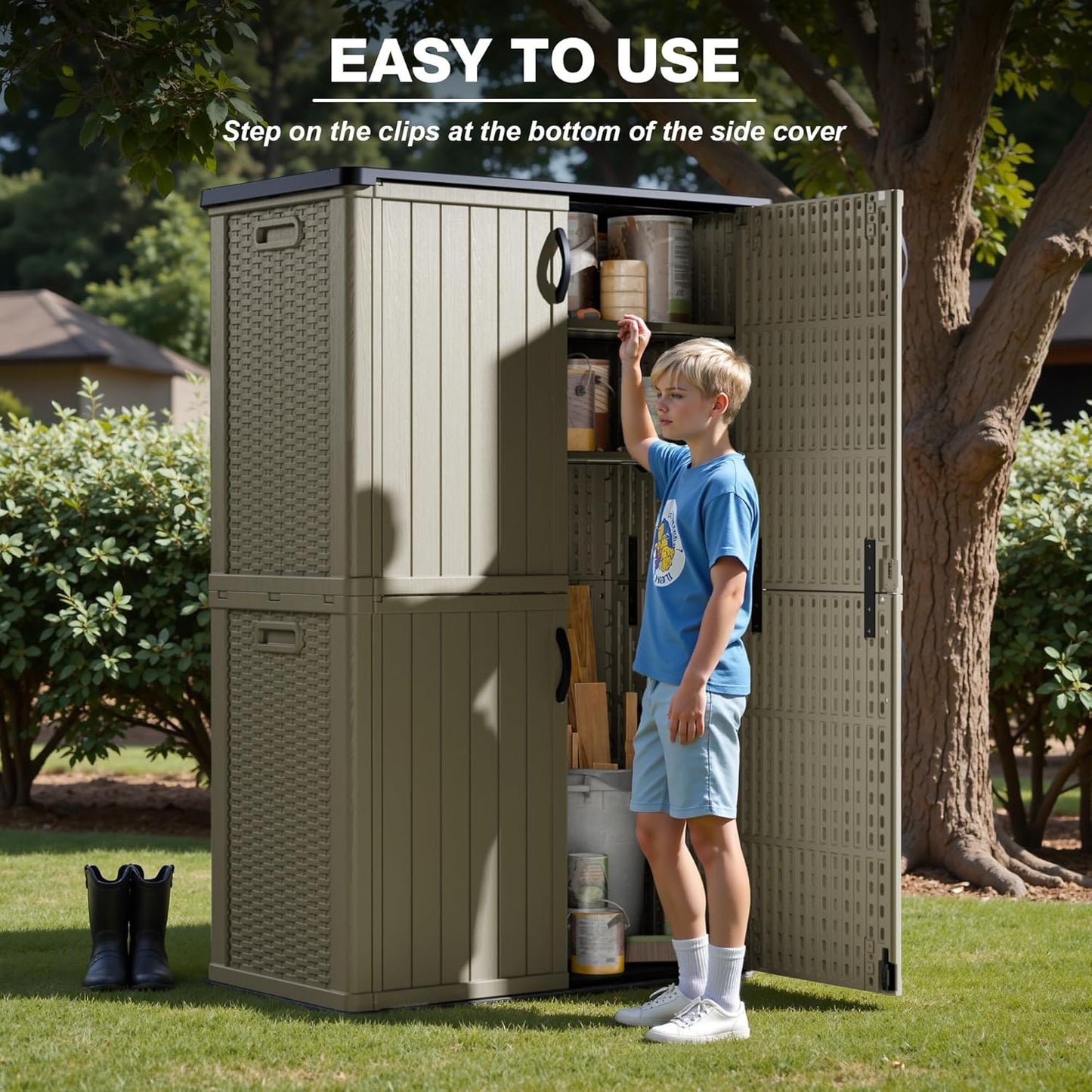 Greesum Outdoor Storage Shed Without Divider, 45 cu.ft Outdoor Waterproof Storage Cabinet for Garden Tools, Pool Storage, Garbage Cans, Beige