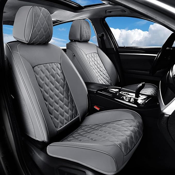 Huidasource Gray Front Seat Covers, Car Seat Covers Front Seats Waterproof, Full-Cover Faux Leather Gray Driver Seat Cover Protector Universal Fit for Most Cars, Vans, Trucks, SUVs (Front Pair/Gray)