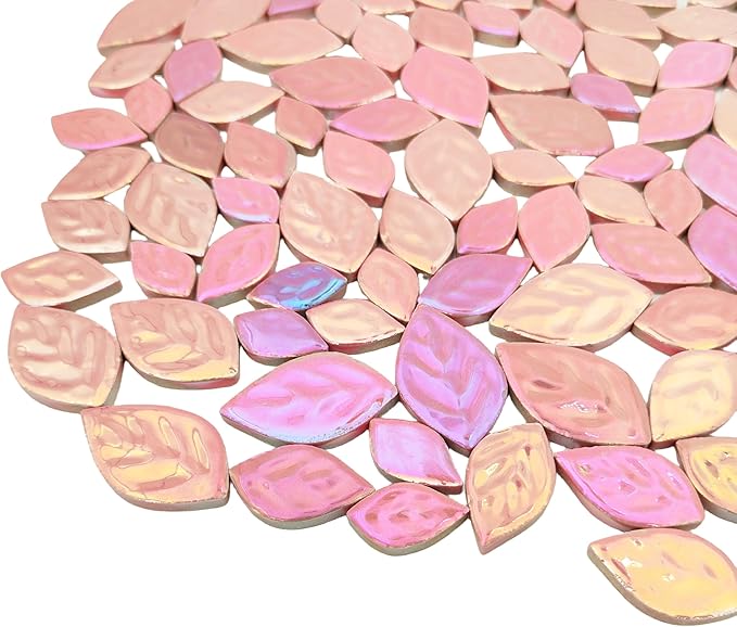 1.1LB Iridescent Leaves Ceramics Mosaic Tiles,Making Creative 3 Size Ceramic Mosaic Pieces for DIY Craft,Flowerpots,Vases,Cups,Garden Decor Mosaic Making Supplies (Pink)