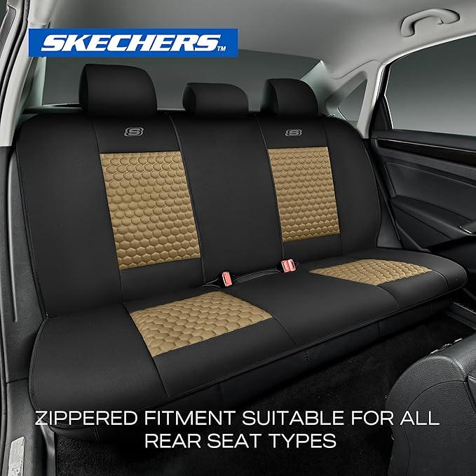 Skechers Memory Foam™ Car Seat Cover Full Sets, Hexcomb Breathable Thick Seat Covers, Airbag Compatible, Automotive Comfort & Protection for Most Cars,Van,Trucks, SUVs (Beige,Full Set)