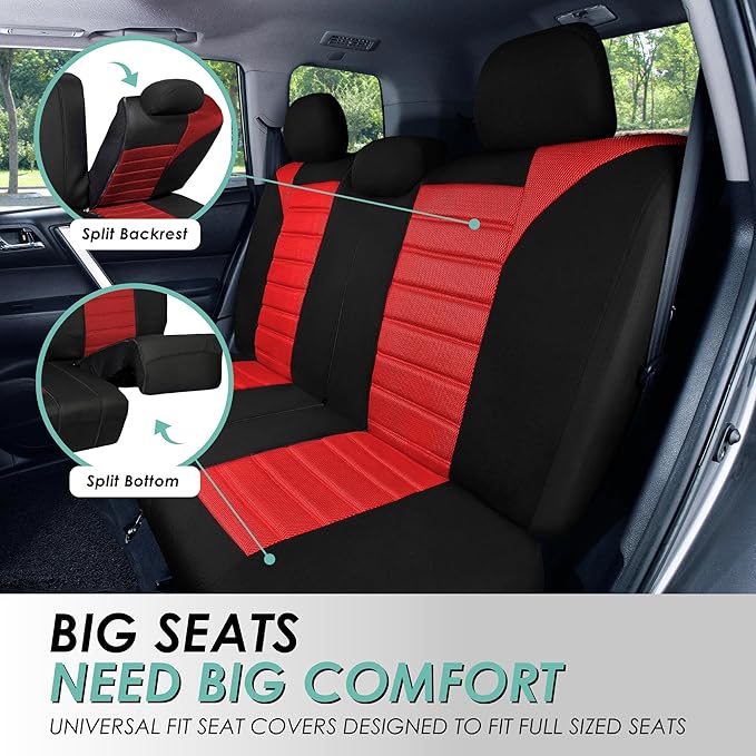 FH Group Automotive Car Seat Covers Full Set Premium 3D Air Mesh Front Seat Covers, Airbag Compatible & Split Bench Cover Universal Fit Interior Accessories for Cars Trucks and SUVs - Red