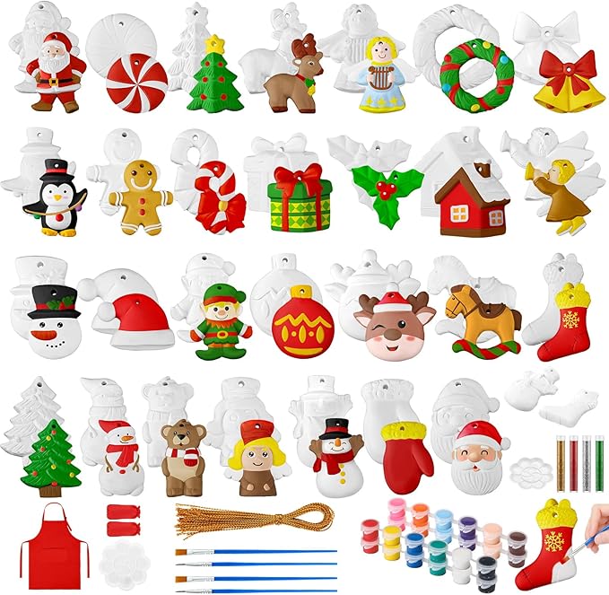 TecUnite 28 Pcs Ceramic to Paint Christmas Ornament Crafts Adults Unpainted DIY Ceramic Figurines Decorate and Paint Your Own Ornaments Kits DIY Craft Xmas Holiday Activities(Holiday)