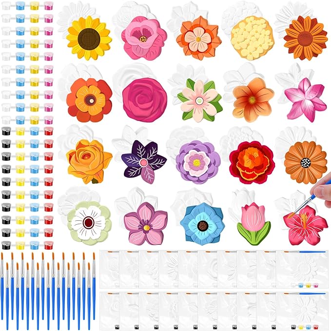 JellyArch 20 Set Flower DIY Painting Kit Ceramic to Paint Your Own Statues Unpainted Plaster Figurines Brushes Acrylic Paints Bags Party Favor for Adults