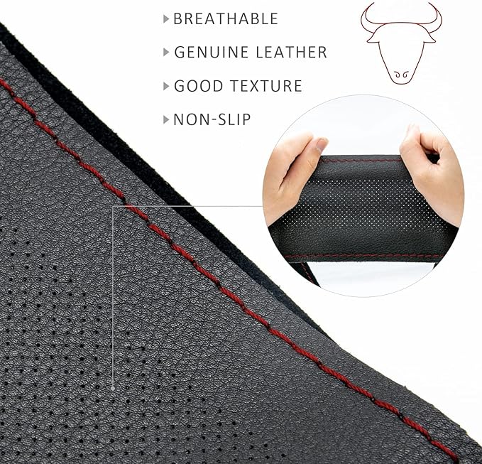 AUTOXBERT 38cm/15 Genuine Leather DIY Steering Wheel Cover Soft Hand Sewing On Wrap Cover with Needles Thread fit for VW Ford Nissan Kia Vauxhall