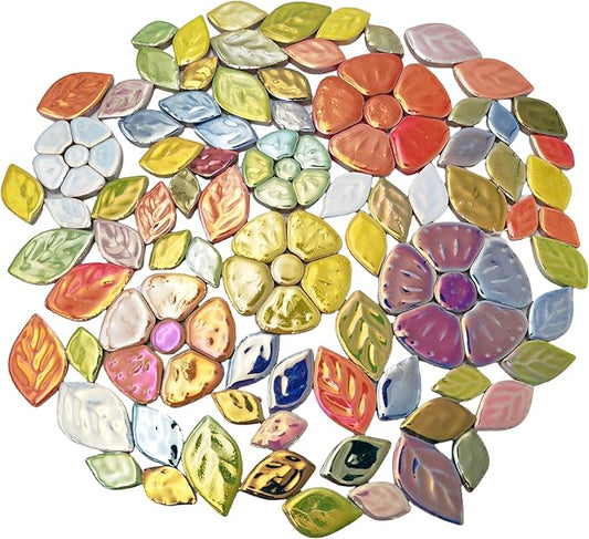 1.1LB Random Iridescent Leaves Ceramics Mosaic Tiles, Making Creative 3 Size Ceramic Mosaic Pieces for DIY Craft,Flowerpots, Vases, Cups, Garden Decor Mosaic Making Supplies (Flowers + Leaves)