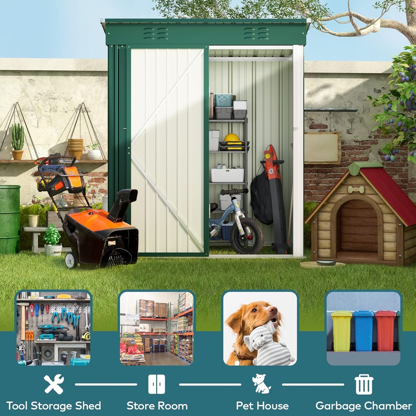 Gizoon 5' x 3'Outdoor Storage Shed with Singe Lockable Door,Galvanized Metal Shed with Air Vent Suitable for The Garden,Tiny House Storage Sheds Outdoor for Backyard Patio Lawn-Green