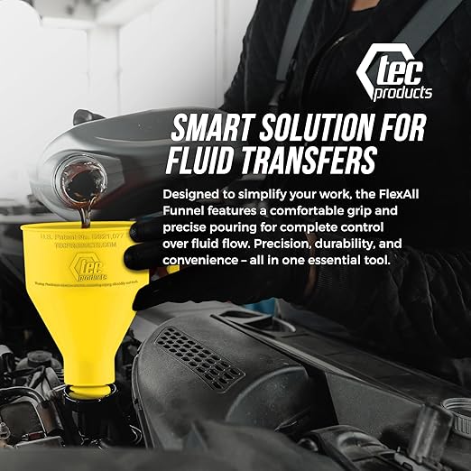 TEC Products FlexAll Long Flexible Funnel for Automotive Use - Durable Nitrile Rubber - Ideal for Car Oil Change, Transmission Funnel Fluid, Diesel, Fuel, Gas - Made in USA - Yellow (12 x 4 Inches)