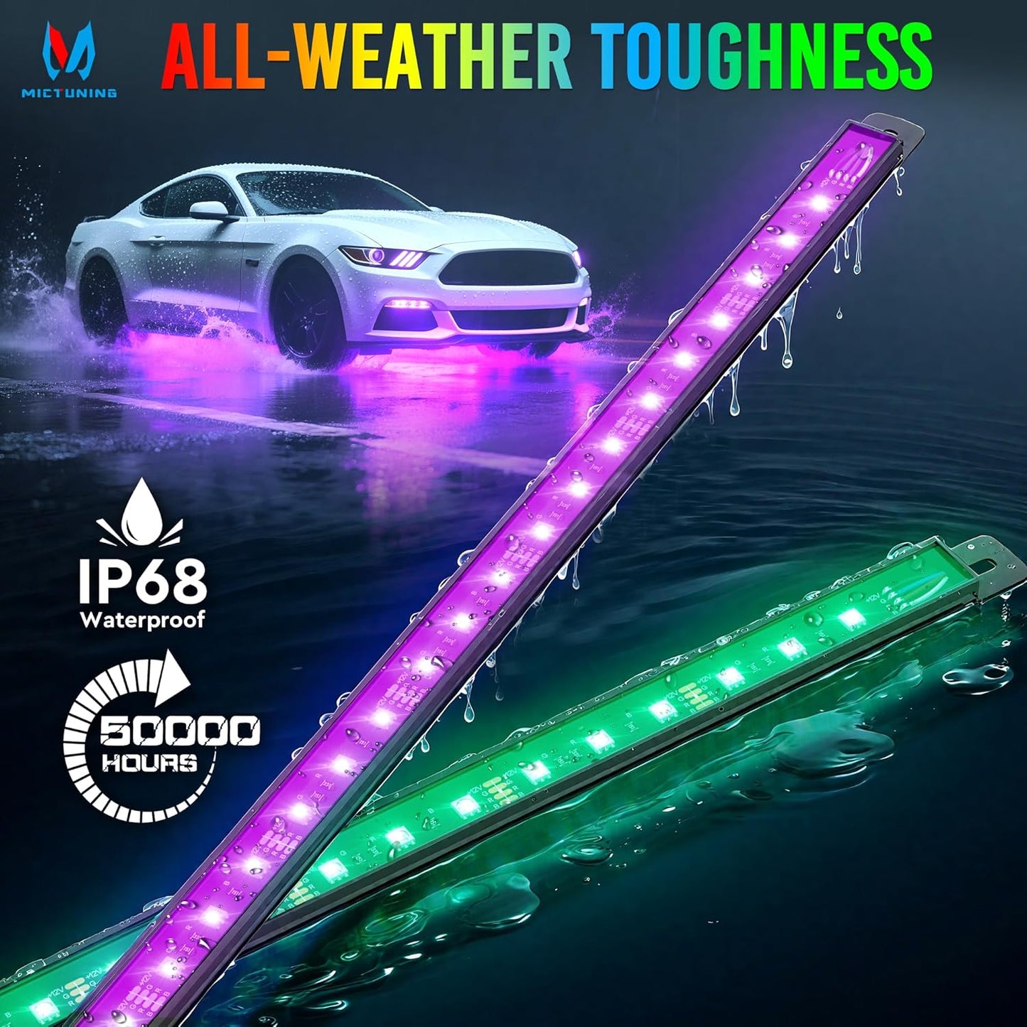 MICTUNING U8 RGB Underglow LED Light Bar, Dual Remote Control, Multicolor Underbody Light Strip with Aluminum Housing, Car SUV Exterior Neon Accent IP68 Waterproof, 8pcs