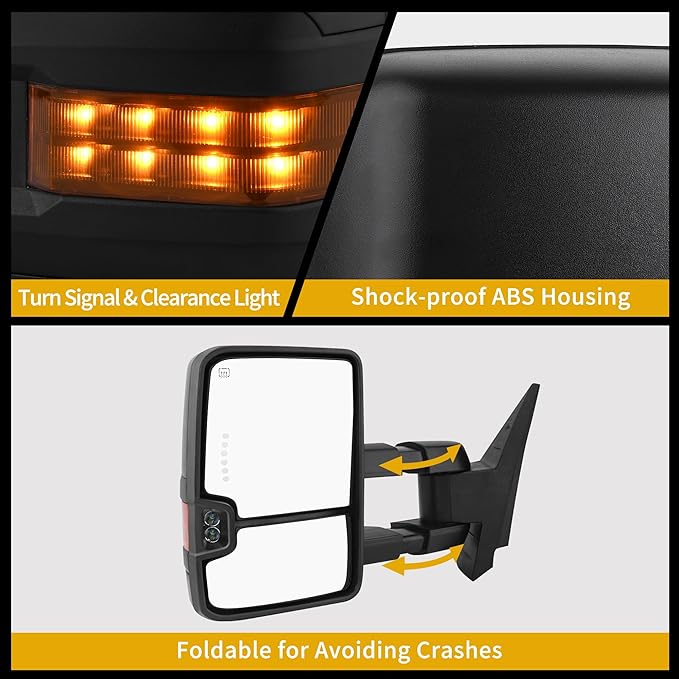 DWVO Towing Mirrors Compatible with 2007-2013 GMC Yukon 2500 Sierra 1500, 2007-2014 Chevy Silverado 1500, Power Heated Extendable with Amber Signal Light Side Mirrors Pair