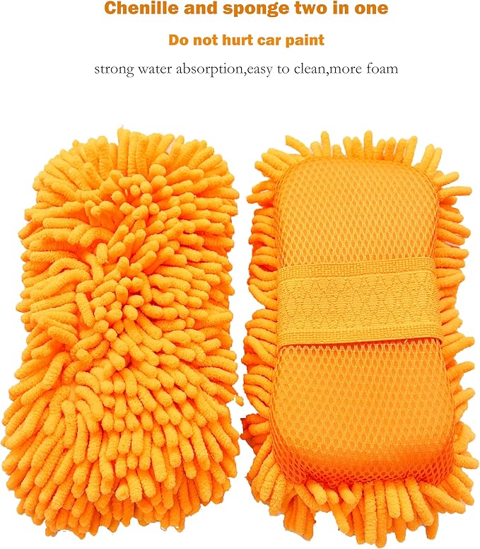 Microfiber Car Wash Sponge-Non-Scratch Wash Mitt-Two Sided Chenille Microfiber Washing Sponge-Mitt for Cars, Trucks, SUVs, Boats (2 Pack Orange)