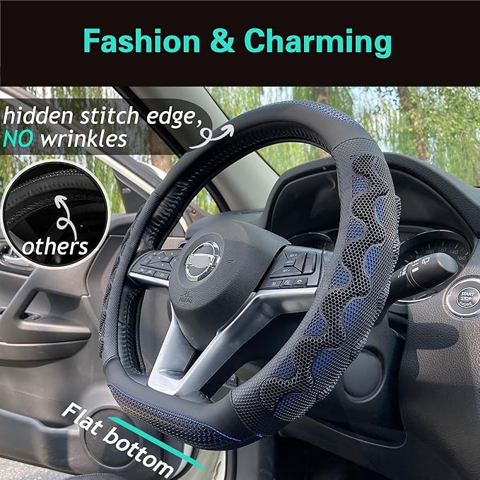 PINCTROT D Shaped 14 Inch Small Sized Steering Wheel Cover Great Grip with 3D Honeycomb Anti-Slip Design, Flat Bottom 14 Inch (Blue)