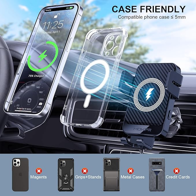 Wireless Car Charger, MOKPR 15W Fast Charging Auto-Clamping Car Charger Phone Mount Air Vent Cell Phone Holder for iPhone 16/15/14/13/13 Pro/12 pro/12/11, for Samsung Galaxy S23/S22/S21/S20, etc