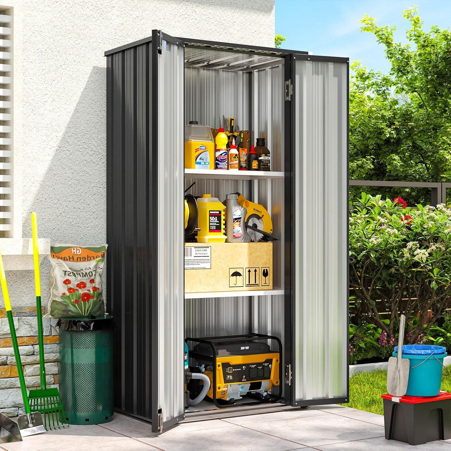 Aoxun 31x19 in Outdoor Storage Cabinet Metal Garden Shed with 2 Adjustable Shelves 3 Layer Indoor& Outdoor Waterproof Vertical Storage Shed for Patio Garden, Garage, Porch (Black, 22 Cu.Ft)