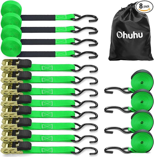 Ratchet Tie Down Strap 8-Pack 15 Ft - 500 lbs Load Cap with 1500 lbs Breaking Limit, Ohuhu Ratchet Tie Downs Logistic Cargo Straps for Moving Appliances, Motorcycle, Green