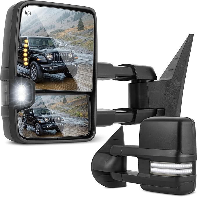 DWVO Towing Mirrors Compatible with 07-14 Silverado Sierra 1500 2500 3500 HD/Avalanche/Suburban, Turn Signal Light Running Lights Power Heated Manually Folding Switchback