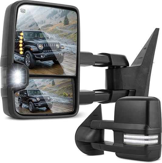 DWVO Towing Mirrors Compatible with 07-14 Silverado Sierra 1500 2500 3500 HD/Avalanche/Suburban, Turn Signal Light Running Lights Power Heated Manually Folding Switchback