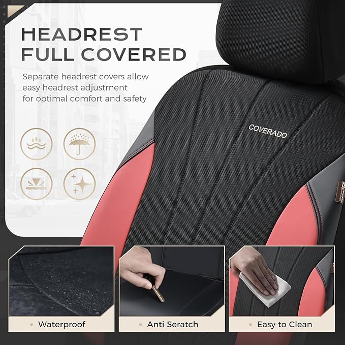 Coverado Seat Covers 2-Pack, Waterproof Car Seat Covers, PU Leather & Breathable Mesh Seat Protectors, 2 Seats Automotive Seat Covers, Universal Fit for SUVs, Trucks, Sedans
