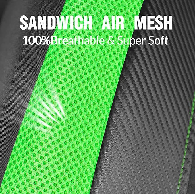 PIC AUTO Low Back Front Car Seat Covers - Sports Carbon Fiber Mesh Design, Two Front Set, Airbag Compatible, Universal Fit for Most Cars (Green)