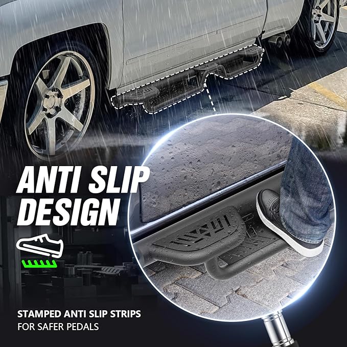 Three Raised Step Double Cab Running Boards Compatible with 2007-2018 Chevrolet Silverado & GMC Sierra 1500, 2007-2019 Chevy Silverado & GMC Sierra 2500 3500 HD Extended Cab Side Step Nerf Bar