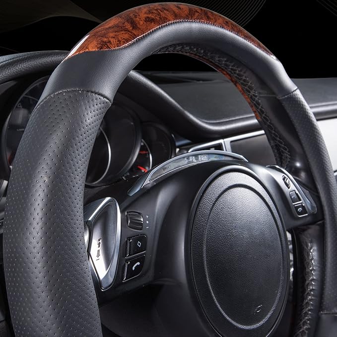 CAR-PASS Wood Grain Microfiber Leather Steering Wheel Cover, 14.5-15 inch Fit for 95% Automotive SUV Truck Sedan, Luxury Premium Rubber Perforated Leather, Non-Slip, (Black)