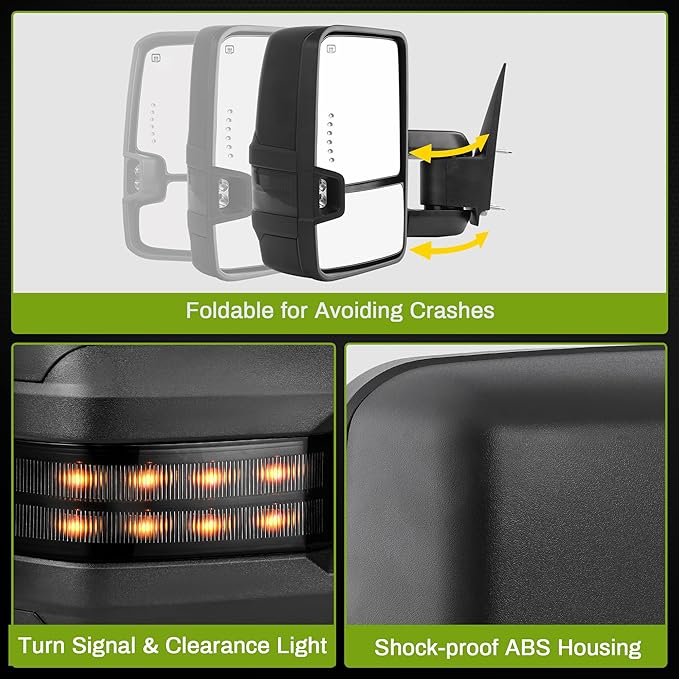 AUTOSAVER88 Towing Mirrors Compatible with 2014-2018 Silverado Sierra 1500 2500HD 3500HD Power Heated Smoke LED Turn Signal Manual Telescoping Folding Clearance Light Reverse Light Black Housing