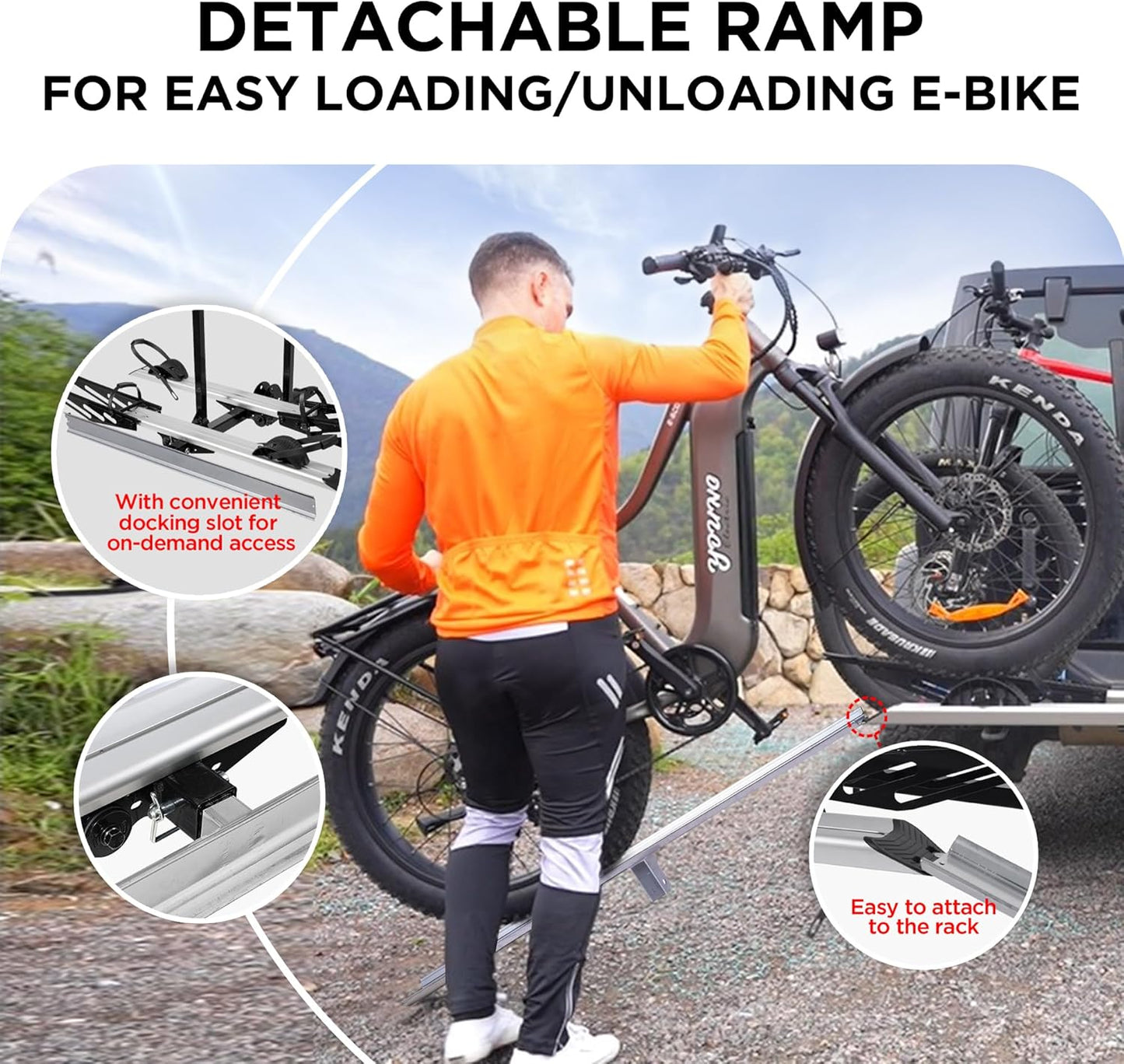 Rockland Foldable 2-Ebike Rack with Ramp, 200 lbs Capacity, Hitch Mount Electric Bike Rack, Fits up to 5" Fat Tire Width and 50" Wheelbase, Ebike Carrier Rack for 2" Receiver for Cars SUVs Vans RVs