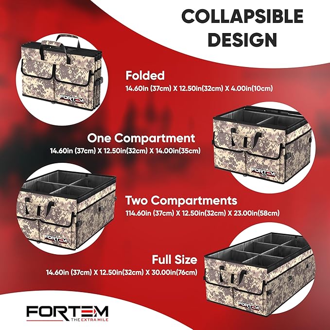 FORTEM Trunk Organizer For SUV Car Trunk Organizer, Foldable Storage, Car Accessories for Women Men, Collapsible Multi Compartment, 600D Oxford, Non Slip Bottom, Securing Straps, Soft Cover (85L)