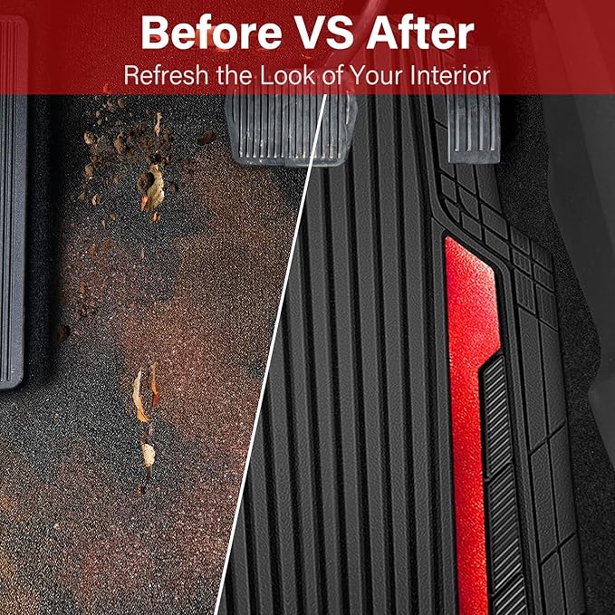 CAR PASS Heavy Duty Rubber Car Mats Metallic, Aluminum Film All Weather Floor Mats Waterproof Universal Trim to Fit Automotive SUV Sedan Van 4 Piece Anodized Deep Dish Two-Tone Sporty Black Red Chrome