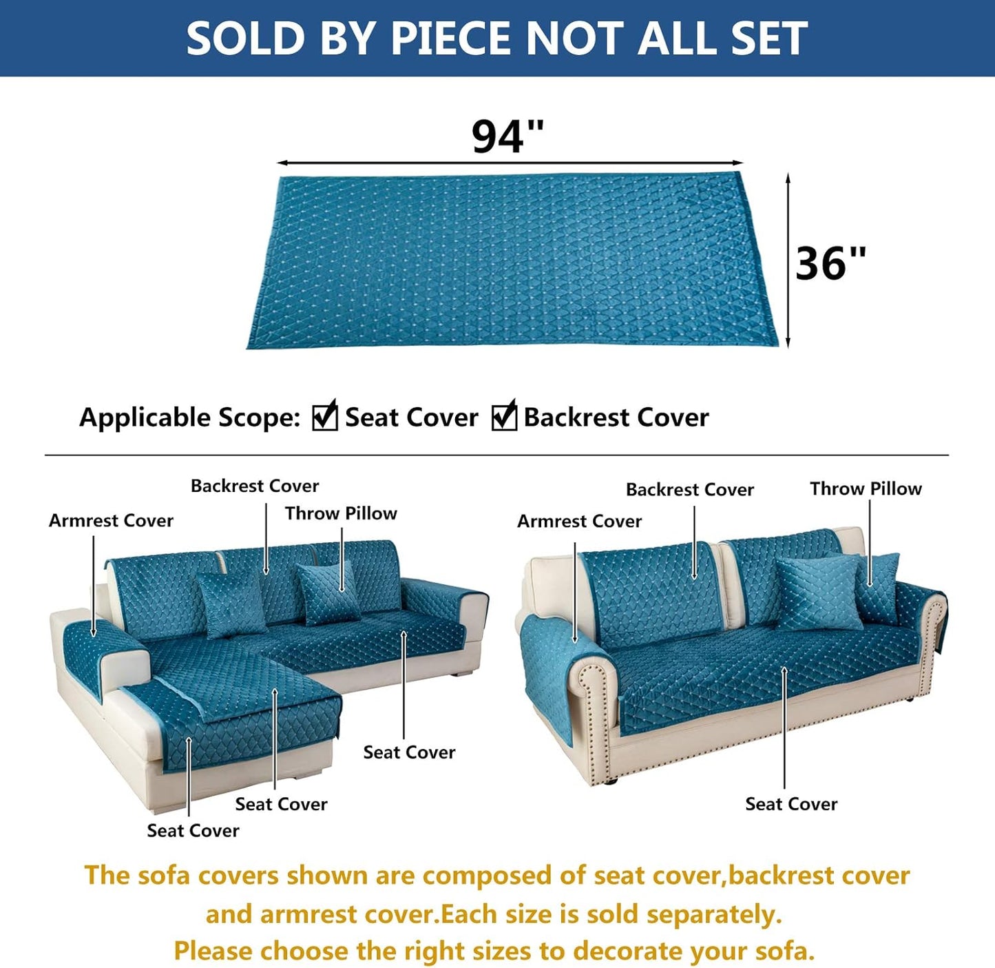 Eismodra Couch Cover,Sectional Couch Covers,Sofa Covers for 3 Cushion Couch,Anti-Slip Sofa Slipcovers for Dogs Cats Kids Loveseat Recliner L Shaped Armrest Backrest,Blue 36''x94''(Only 1 Piece)