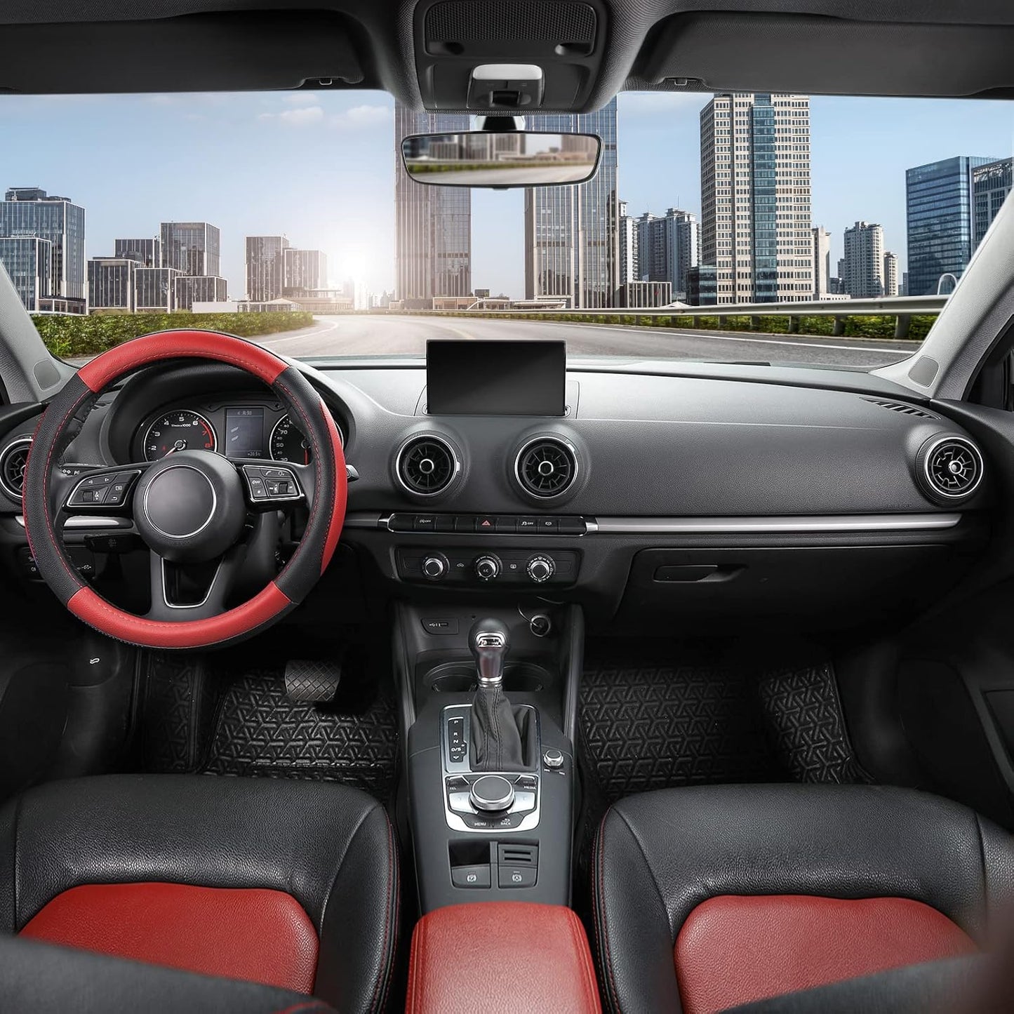 SEG Direct Car Steering Wheel Cover for Prius Civic Model 3 Model Y Camaro, Small Size 14-14.25 inch, Black and Red Microfiber Leather