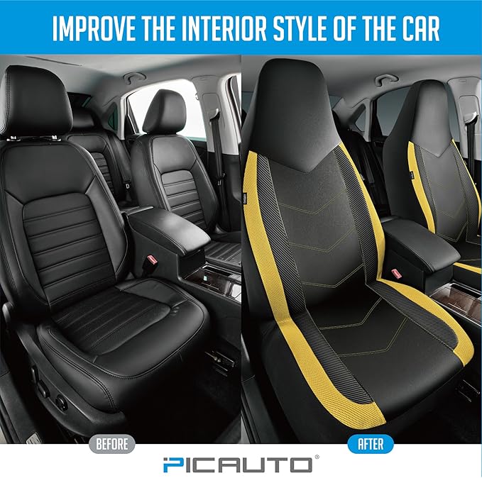 PIC AUTO Leather Car Seat Covers, Sports Carbon Fiber & Mesh Design, High-Back Two Front Set, Waterproof Automotive Seat Covers, Airbag Compatible, Universal Fit for Most Cars (Black & Yellow)