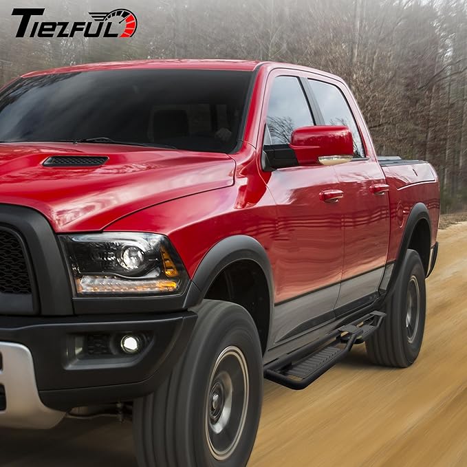 Running Boards Compatible with 09-18 Ram 1500/10-25 Ram 2500 3500 Crew Cab(Incl 19-24 Classic), 4 Stairs Design Step Bars Nerf Bars Heavy Duty Carbon Steel Rock Sliders
