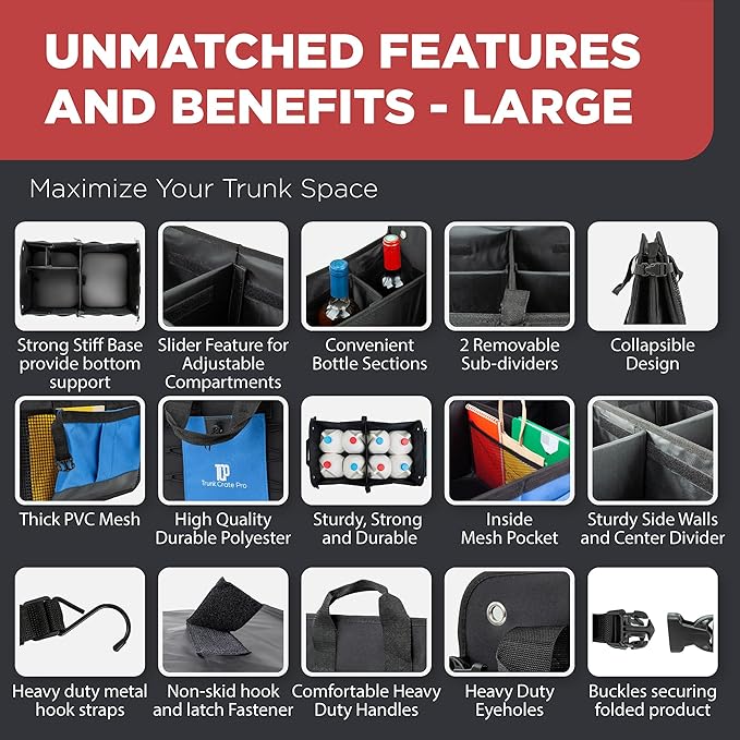 TRUNKCRATEPRO Car Trunk Organizers | Trunk Organizer, Car Storage Organizer - Premium Compartments Collapsible Portable car trunk organizers and storage for SUV (Large Capacity)