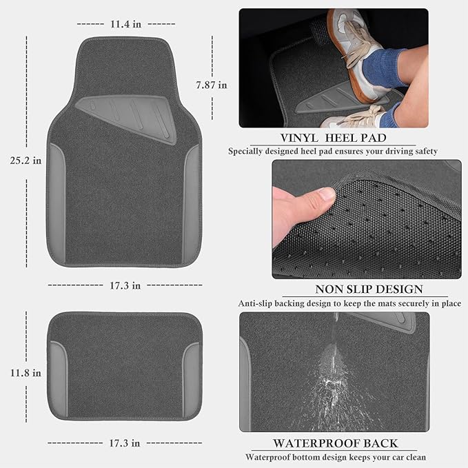CAR PASS Microfiber Leather Steering Wheel Cover and Waterproof Car Floor Mats,Universal Car Combo Fit for 95% Sedan,SUV,Cars,14.5-15inch Anti-Slip Safety Comfortable Faux Leather Design(Solid Gray)