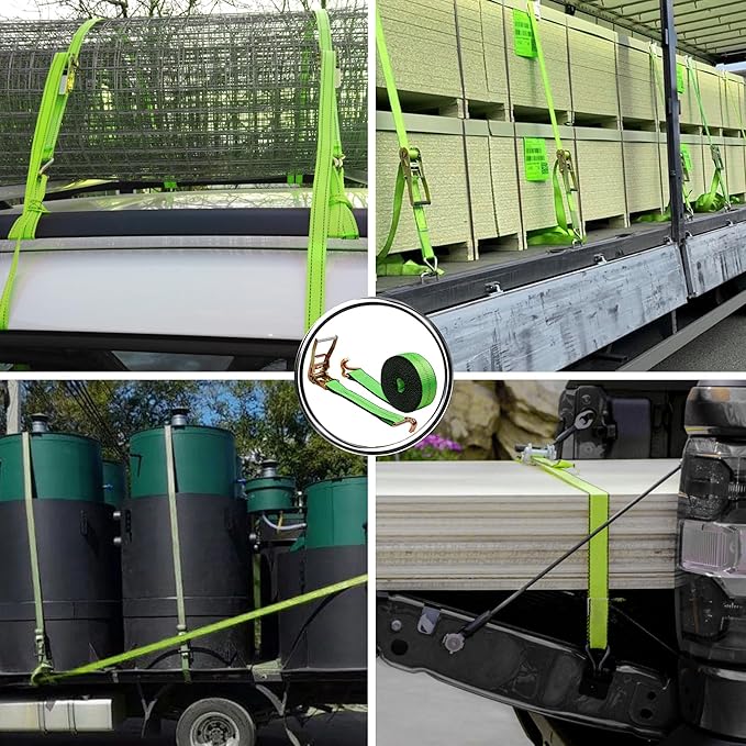 2"x20' Ratchet Straps with J Hooks - 10,000lb Break Strength/ 3,333lb Load Capacity Ratchet Tie Down Strap - Ratchet Straps Heavy Duty - Cargo Straps for Truck, Lawn Equipment, Car Roof, 4 Pack(Green)