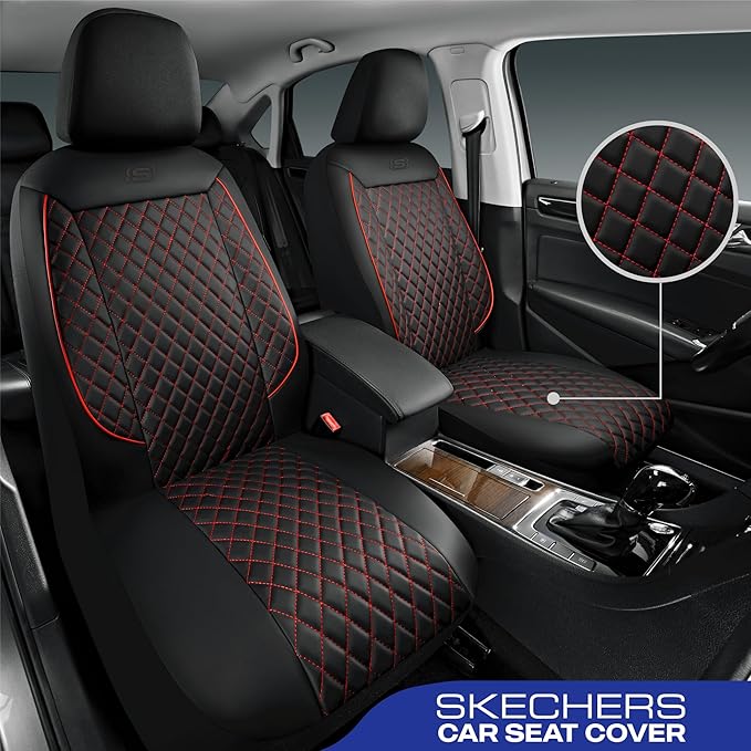 Skechers Car Seat Covers,Piping Luxury Faux Seat Covers,Waterproof Anti Slip Car Seat Protector Full Set,Car Accessories Airbag Universal Fit for Most Cars,Vans,Trucks,SUV,Red