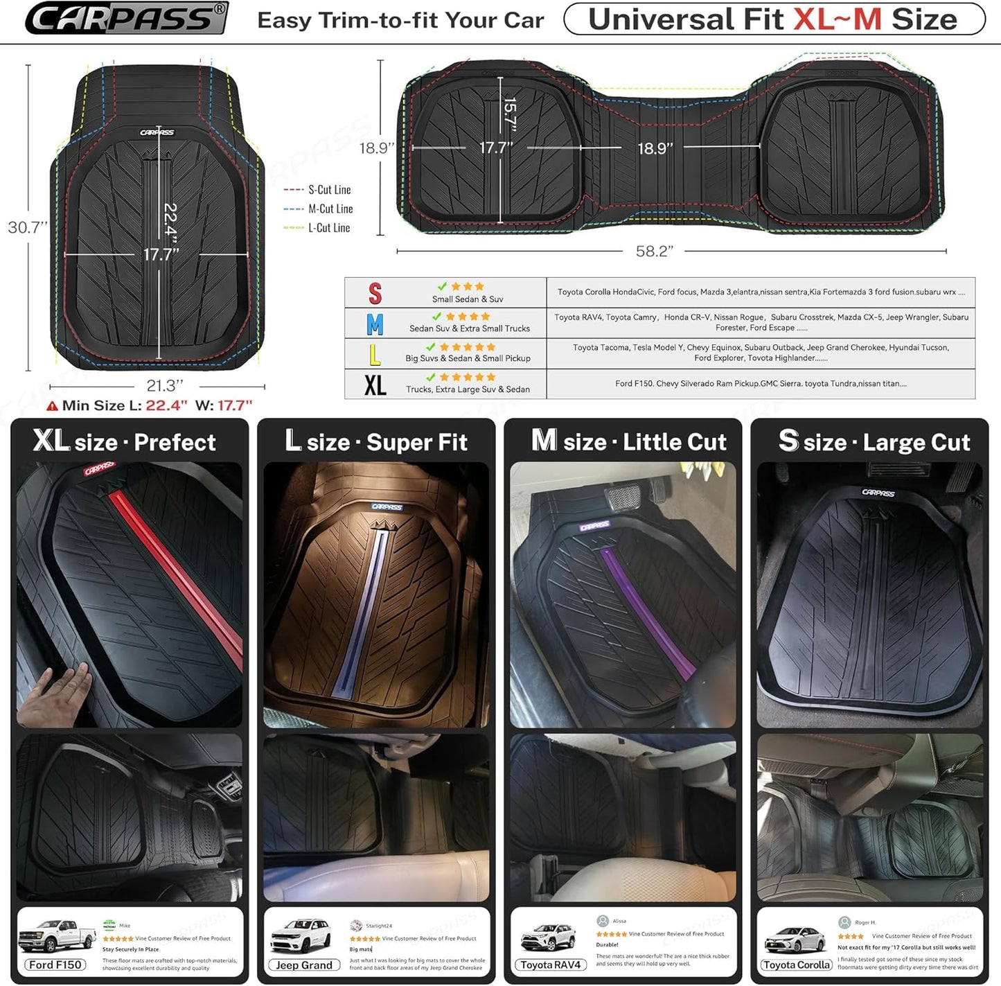 CAR PASS Tire Tread DeepDish Rubber Floor Mats for car Heavy Duty car mats All Weather, Universal XL~M Trim to Fit for Truck SUV Vehicle Automotive, Waterproof car mats 3 Piece(Blue Black)