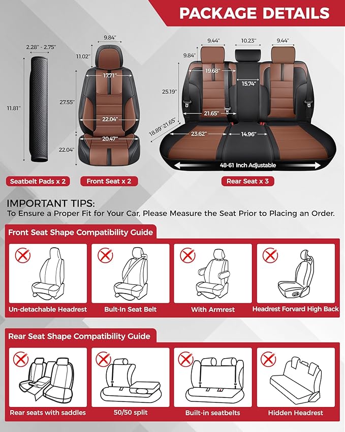 FREESOO Black Brown Car Seat Covers Full Set - Faux Nappa Leather Seat Covers for Cars, with Front Seatbelt Pads, Ultra Waterproof Cushion Protectors Fit for Most 5 Seats Sedans SUV Trucks Pick-ups
