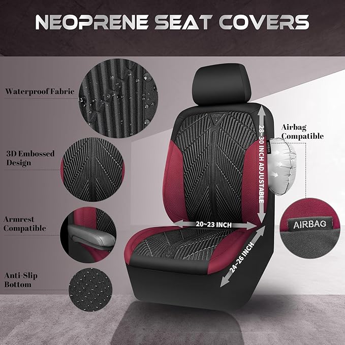 CAR PASS Waterproof Black Red Car seat Covers Front Seat Covers Neoprene Wetsuit,All-Weather Non-Slip Durable,Universal Fit for SUV Sedan Truck Automotive,Armrest Airbag Compatible,Emboss Black Red