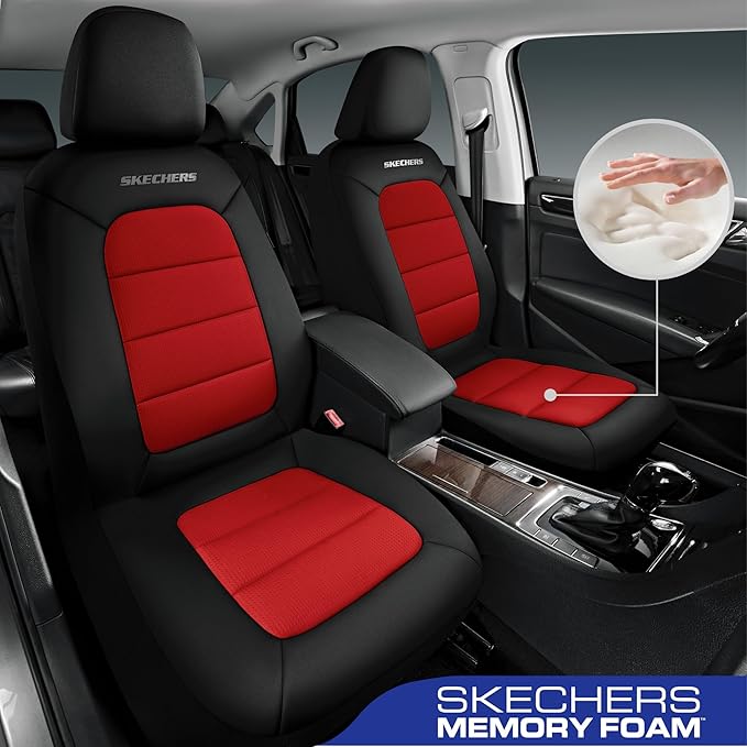 Skechers Memory Foam Seat Covers,Thick Cool Touch Fabric Car Seat Covers,Car Seat Cover Full Set,Airbag Compatible,Automotive Comfort Protection for Most Cars,Vans,Trucks,SUV,Red
