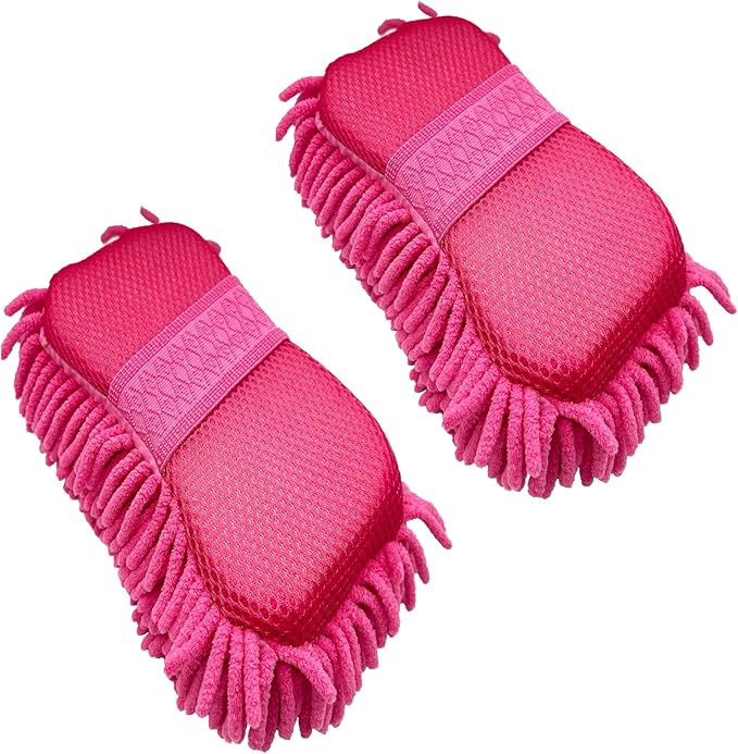 Microfiber Car Wash Sponge-Non-Scratch Wash Mitt-Two Sided Chenille Microfiber Washing Sponge-Mitt for Cars, Trucks, SUVs, Boats(2 Pack Pink)