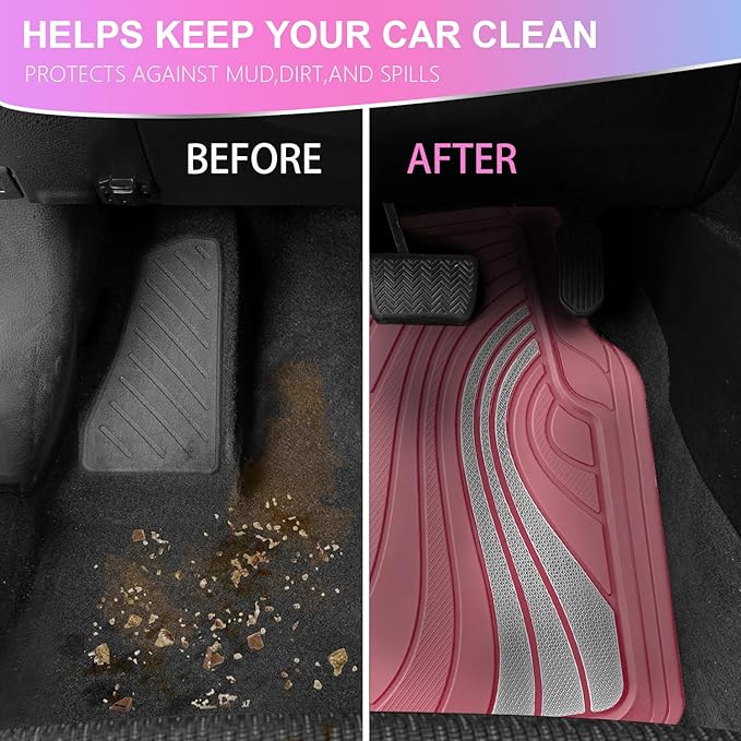 Road Comforts Car Floor Mats Full Set – Front & Rear Car Floor Mats with Aluminum Design, Anti-Slip Backing, All-Weather Protection, Trim-to-Fit Car Mats for Most Sedans, SUVs & Vans -All Pink