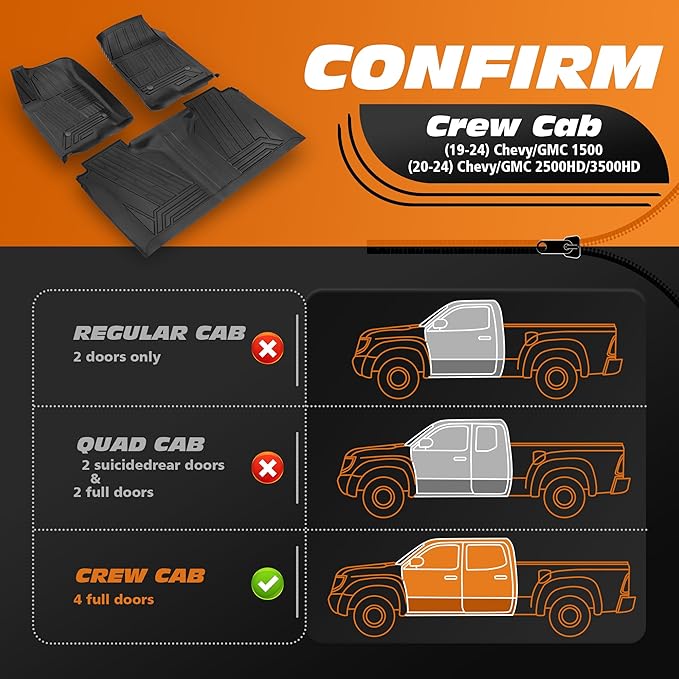 Floor Mats for 2019-2025 Chevrolet Silverado/GMC Sierra 1500 Crew Cab & 2020-2025 Chevy/GMC 2500HD/3500HD|Custom Fit|Front & Rear|Front Bucket|All-Weather Car Liners for Trucks